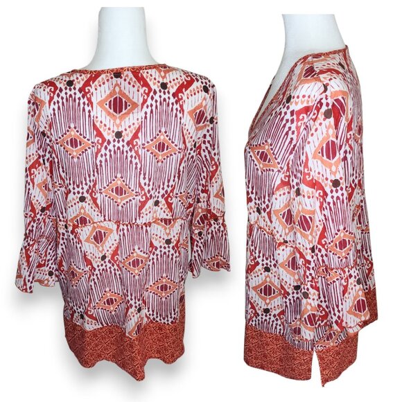 Oleg Cassini Sport Boho Ikat Tunic Top Red Orange Cotton Blend V-Neck Size XL - Picture 4 of 15